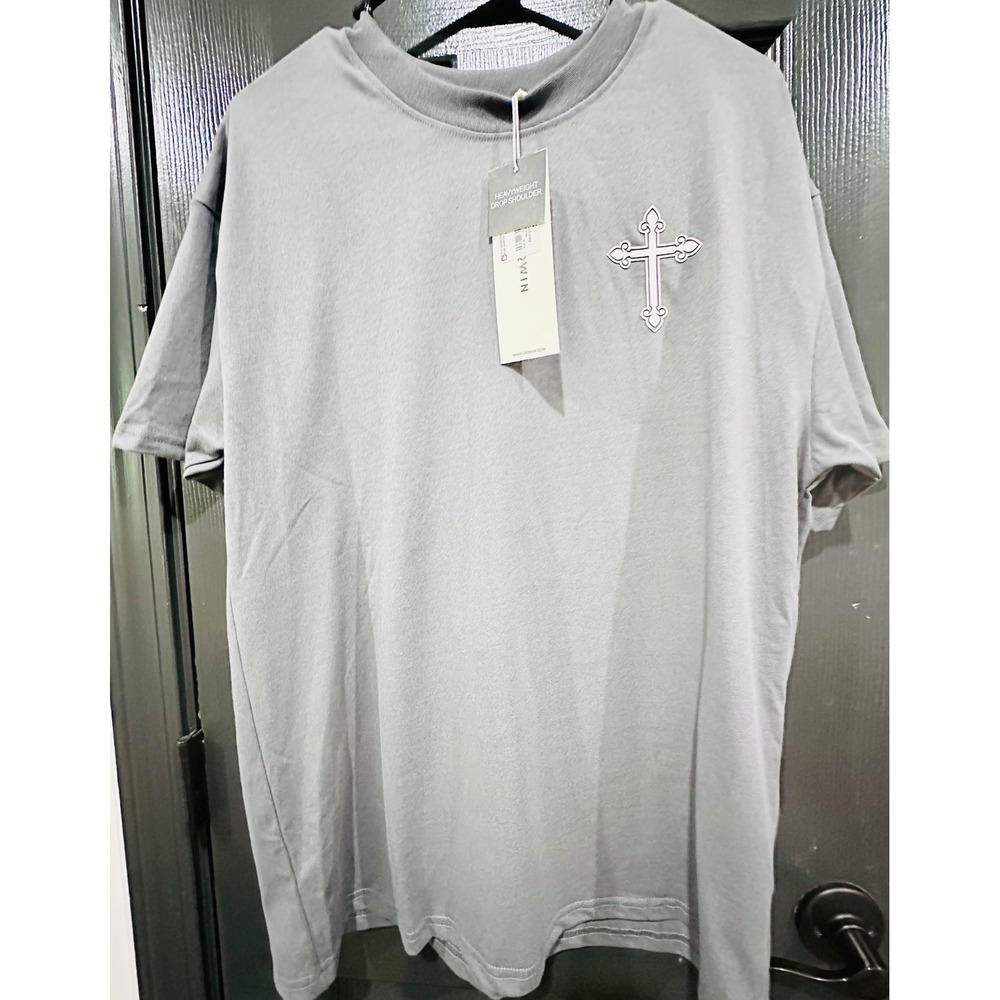 JAQWIN Charcoal Cross Graphic Tee Kingdom Back Print Drop Shoulder Size S NWT